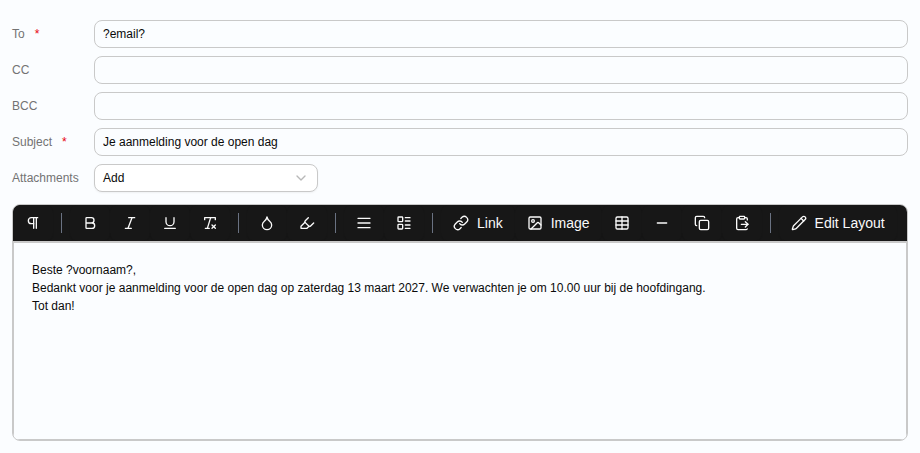 De velden To, CC, BCC, Subject en Attachments, met daaronder het tekstvak