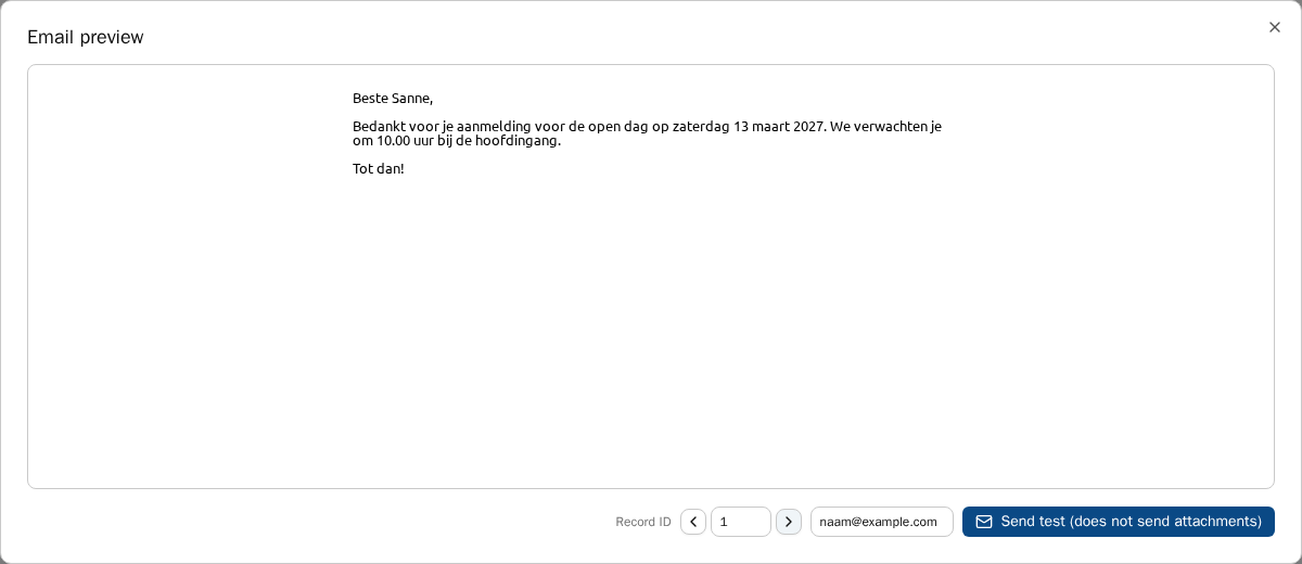 Het venster Email preview met de e-mail voor het eerste record