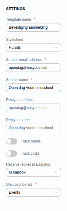 De kolom Settings van een email template
