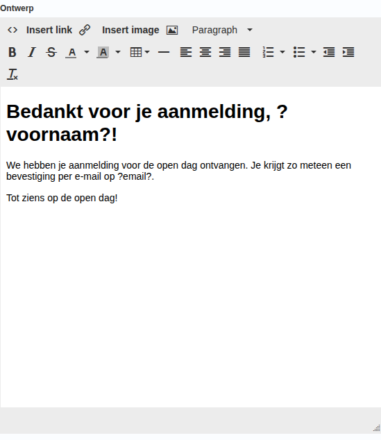 De editor onder Ontwerp met de knoppenbalk en de tekst