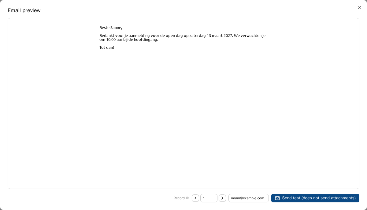 Het venster Email preview met de e-mail voor record 1