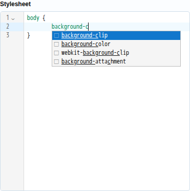 Het vak Stylesheet tijdens het typen: een lijst met suggesties bij background-c