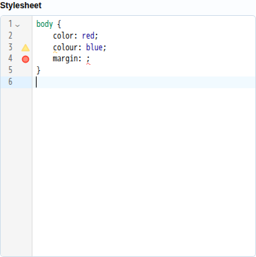Het vak Stylesheet met een waarschuwing bij een onbekende eigenschap en een fout bij een lege waarde