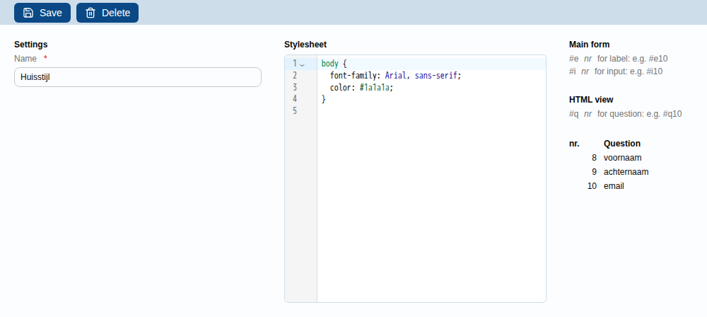 De editor met de stylesheet van het demoproject: links de naam, in het midden de CSS, rechts de nummers van de vragen