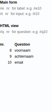 De kolom rechts met de uitleg van #e, #i en #q en een tabel met nummers en vragen