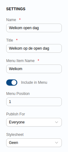 De kolom Settings van een pagina